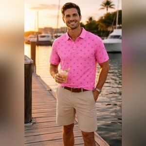 Scales Gear Crabby Polo Shirt Pink Crab Print Men’s Large Performance Polo NWT